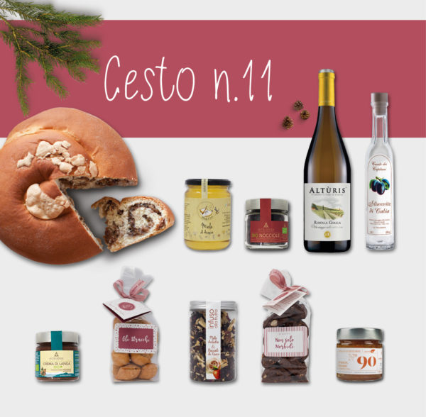 Cesto natalizio n.11 - una Gubana, miele, crema di nocciole bio, vino Alturis, Grappa di Cabia, Crema di langa, Strucchi, Inuso di mela, Non solo morbidi, Confettura