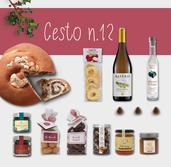 Cesto natalizio n. 12 che comprende mele essiccate, vino Alturis, Grappa di Cabia, Crema di langa, Crema di nocciola, Strucchi, Non solo morbidi, infuso di te, miele, composta di mela e zenzero