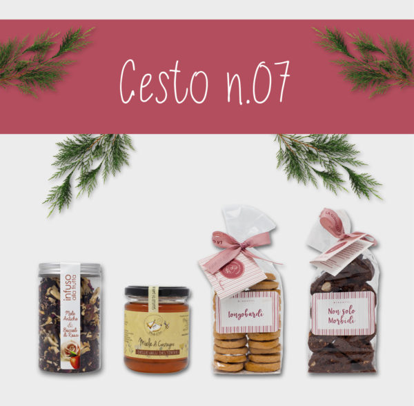 Cesto n.7 che contiene Infuso alla frutta, miele di castagno, biscotti longobardi e biscotti Non solo morbidi