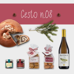 cesto n.8 che comprende crema di Langa, Crema di nocciole bio, biscotti Longobardi, Strucchi e vino Alturis