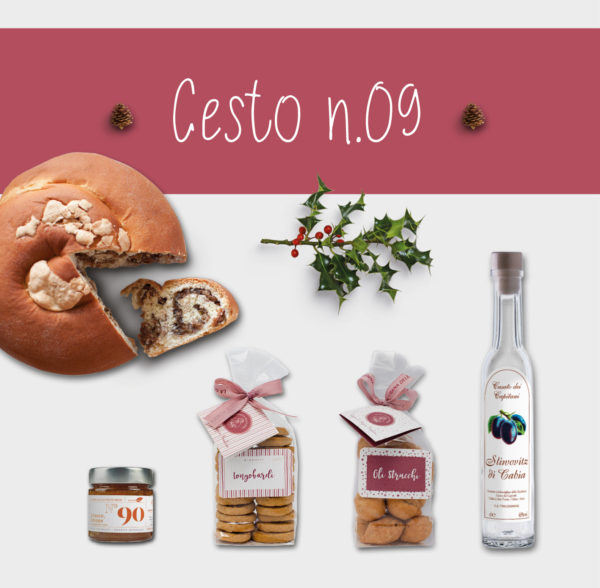 Cesto n.0 che contiene: una Gubana, marmellata, biscotti Longobardi, Strucchi, Sliwovitz di cabia